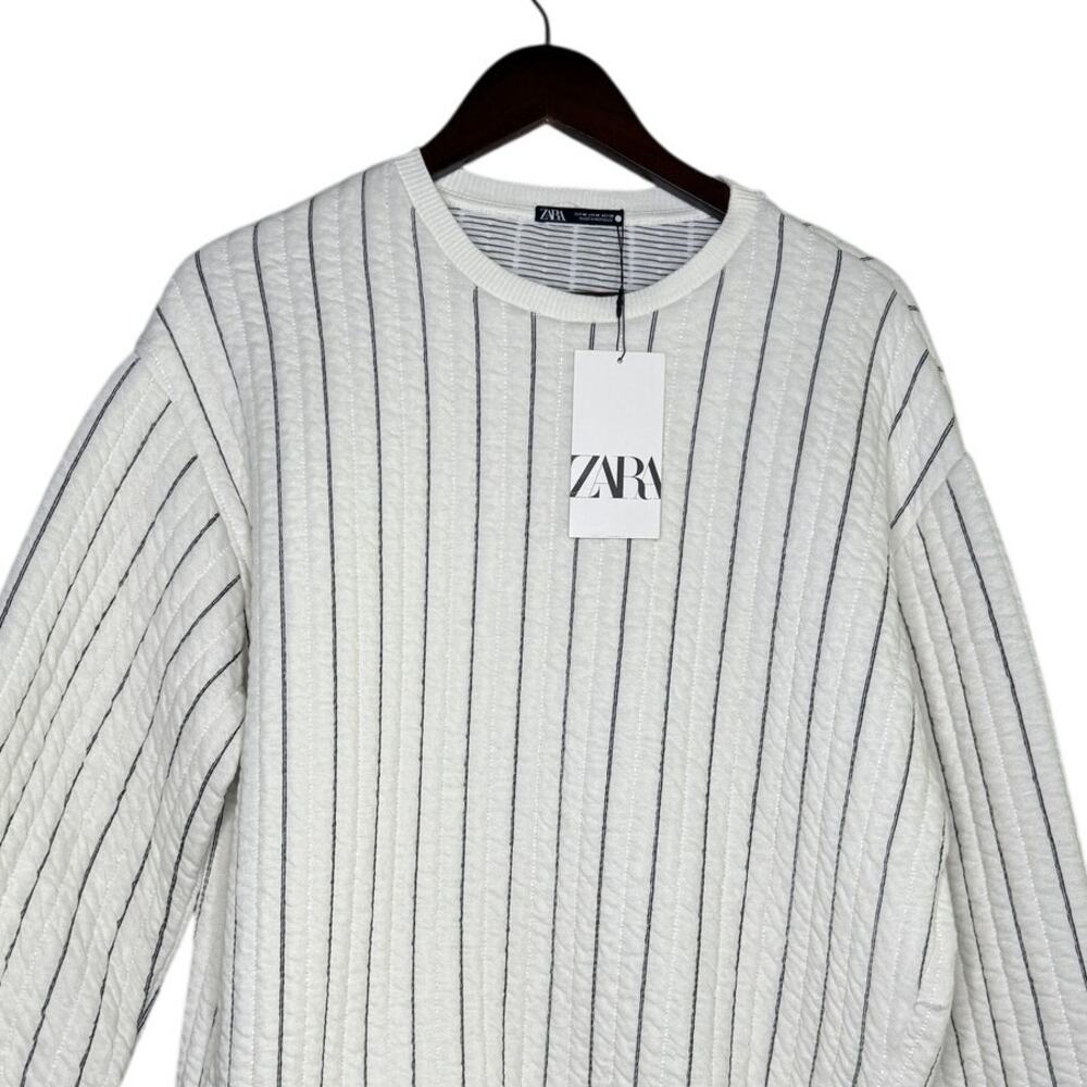 NWT Zara Boxy Oversized Striped Soft Quilted Long Sleeve Sweater  M White Black - Picture 3 of 16
